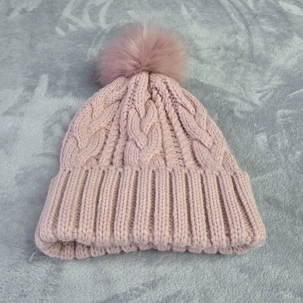 Aeropostale‎ Beanie Toque Womens One Size Pink Knit Acrylic Blend Faux Fur Pom